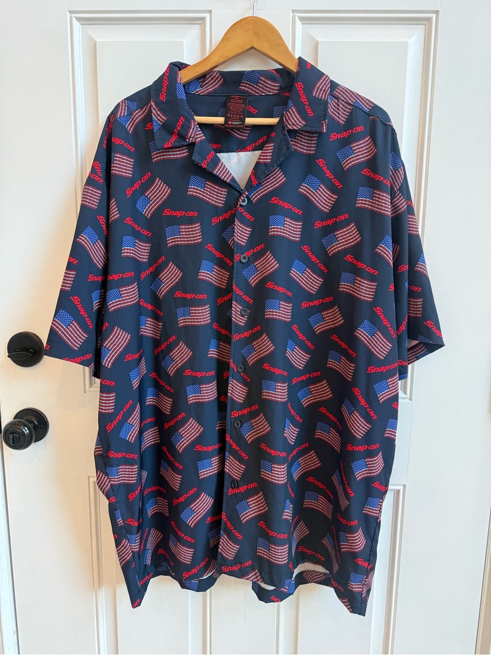 Snap On Navy Short-Sleeve Button-Up Shirt with American Flag Print